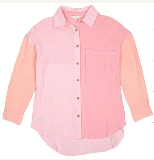 Coral Color Block Button Down